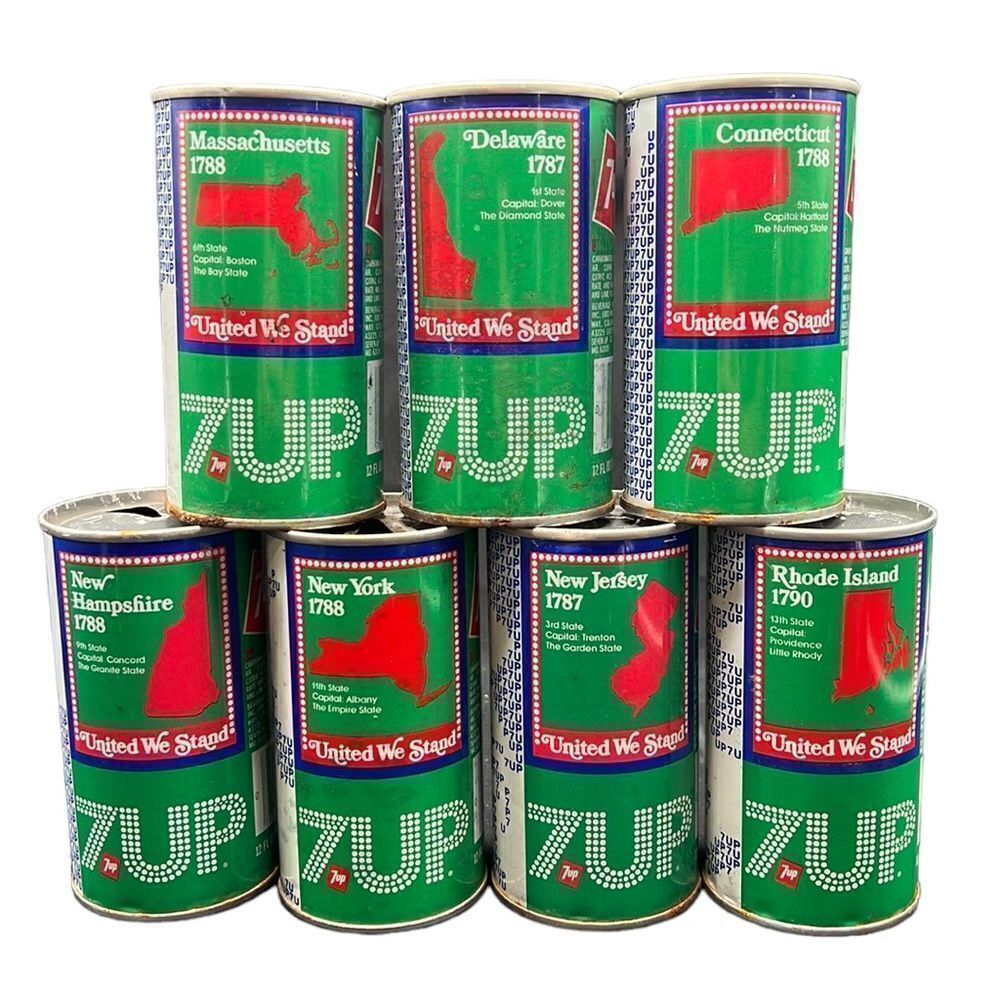 Vintage 7UP Cans United We Stand Lot of 7 Northeastern States Empty Movie Props